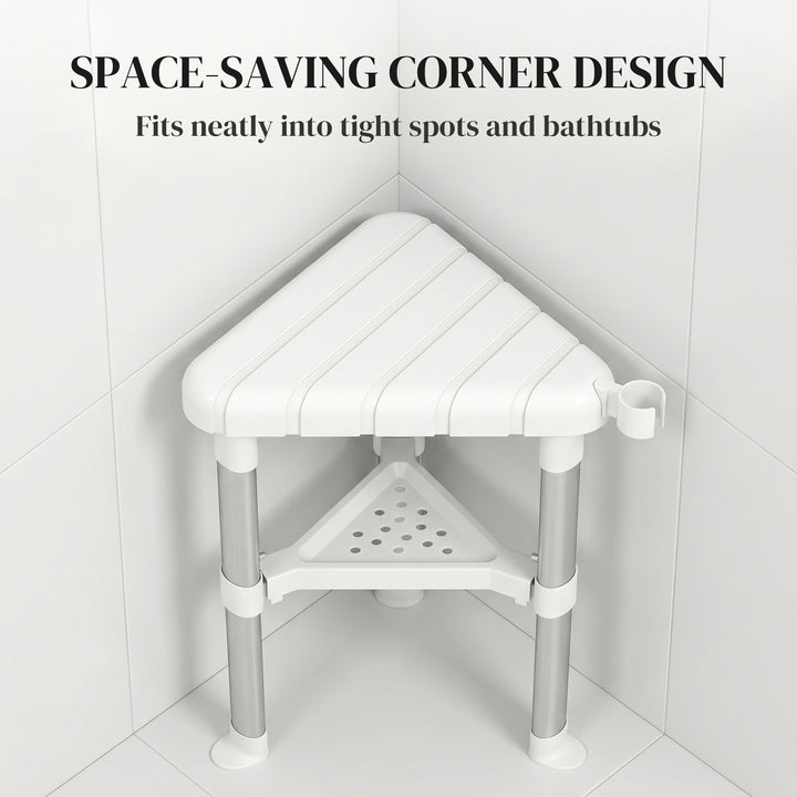 Shower Stool, Aluminium Alloy Corner Shower Chair with Storage Shelf a
