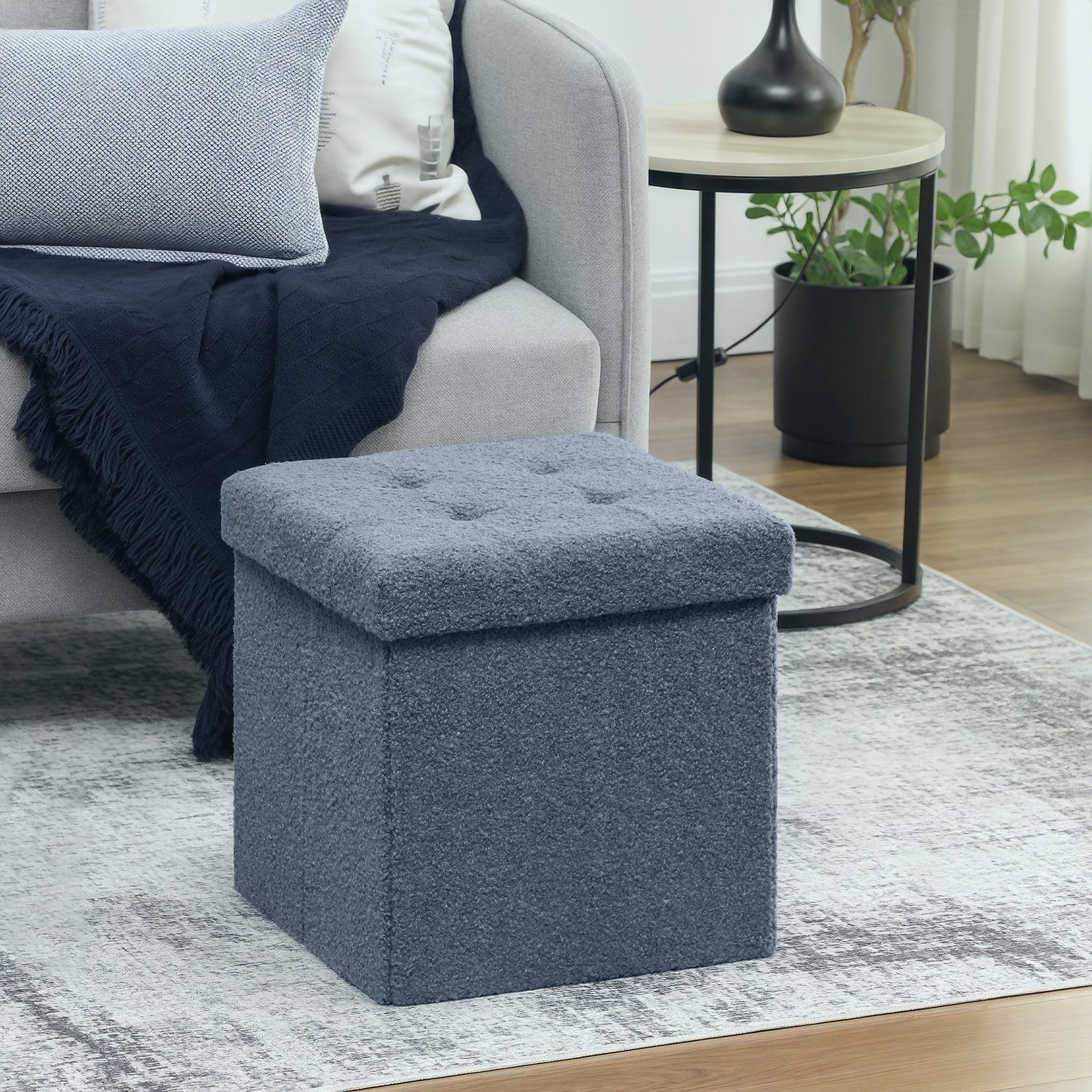 Foldable Sherpa Fleece Storage Ottoman - Blue