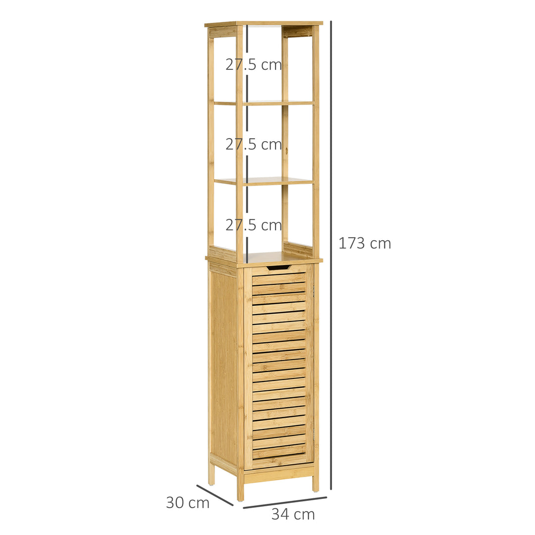 kleankin Bathroom Floor Cabinet with 3 Shelves and Cupboard, Slim and Freestanding Organiser, Tallboy with Storage, Natural | Aosom UK