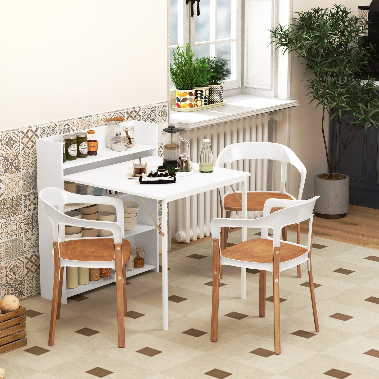 Kitchen Table, Folding Dining Table, with 4-Tier Shelves, Modern Drop-