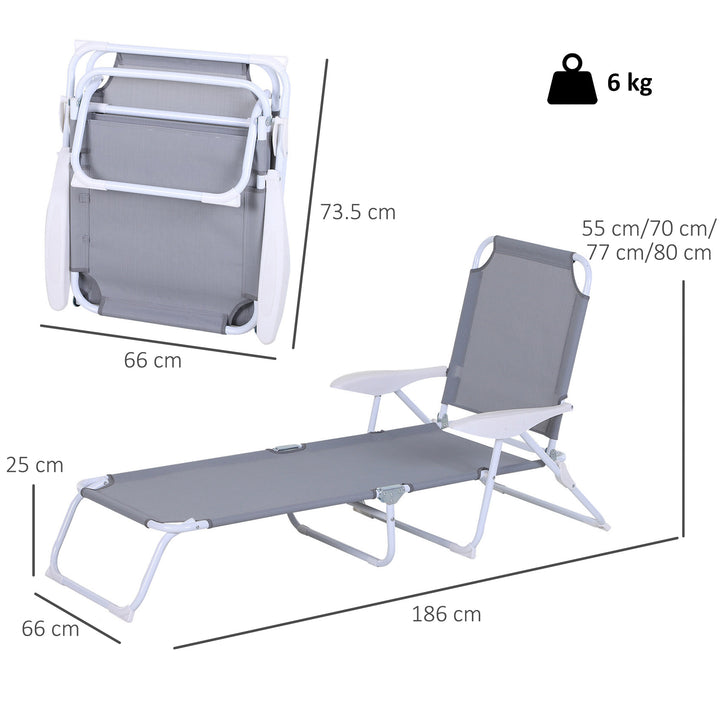 Foldable Sun Lounger, Outdoor 4 Level Adjustable Backrest Reclining Lounge Chair with Armrests for Patio, Garden, Grey