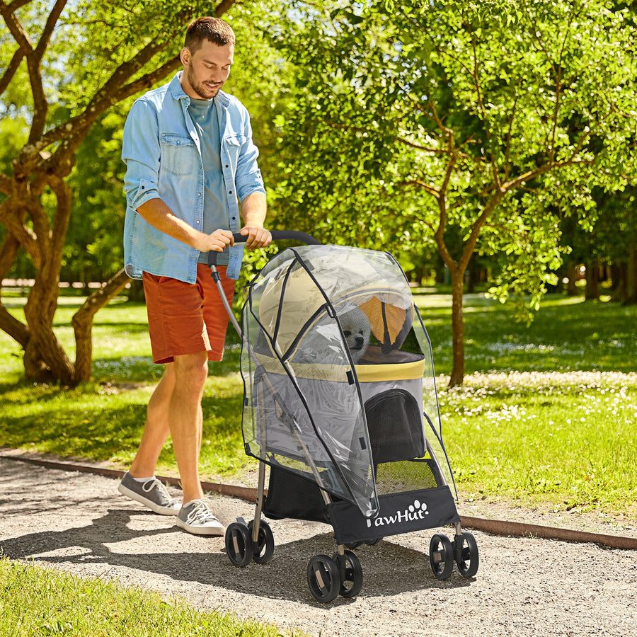 Detachable Pet Stroller with Rain Cover, 3 In 1 Cat Dog Pushchair, Foldable Carrying Bag w/ Universal Wheels, Brake, Canopy, Basket, Storage Bag for Small and Tiny Dogs - Yellow
