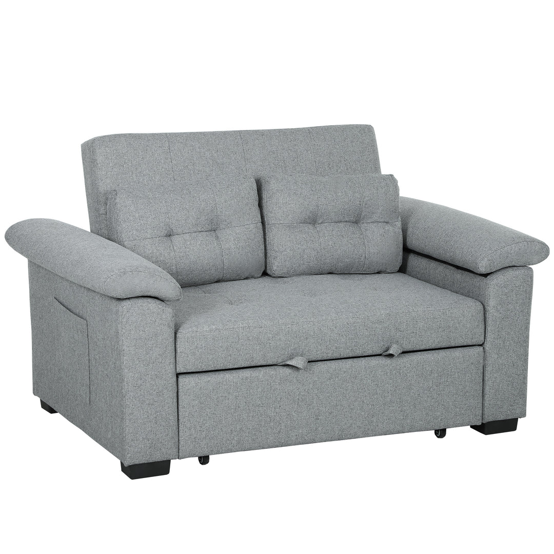 Pull Out Sofa Bed, Fabric 2 Seater Click Clack Sofa Bed Settee with 2 Pocket Springs, Convertible Sofa Couch with Pillows and Side Pockets for Living Room, Home Office, Light Grey