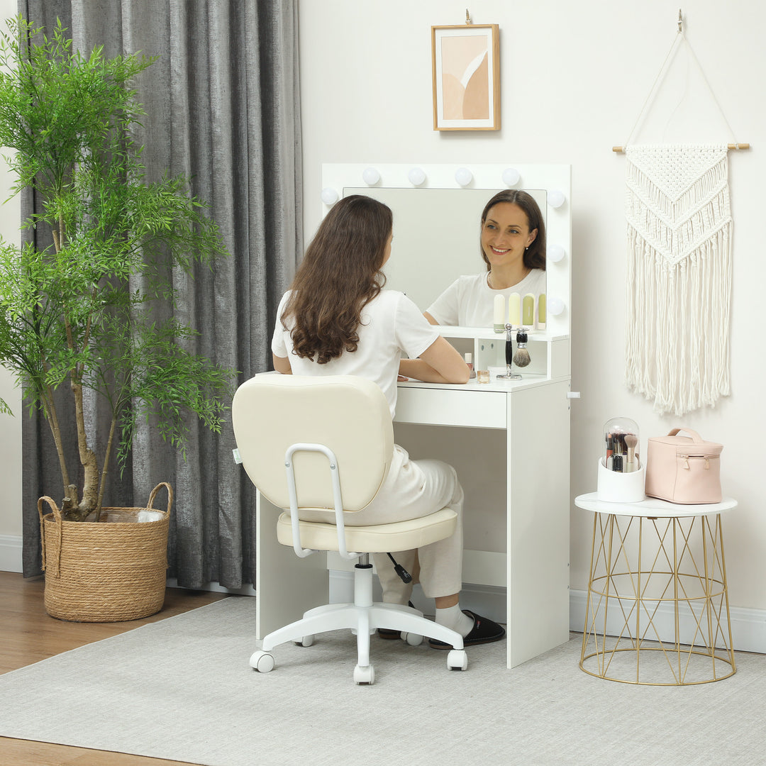 Vanity Office Chair, PU Leather Computer Chair for Home, with Adjustable Height, Armless, Swivel Wheels, Cream