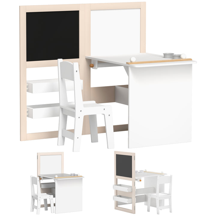 MCL 3 in 1 Kids Table and Chair Set with Storage, Whiteboard, Blackboard & Roll Paper for 3-8 Years, White