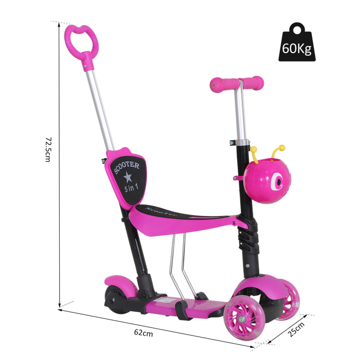 HOMCOM 5-in-1 Kids Toddler 3 Wheels Mini Kick Scooter Push Walker with Removable Seat & Back Rest for Girls and Boys Pink