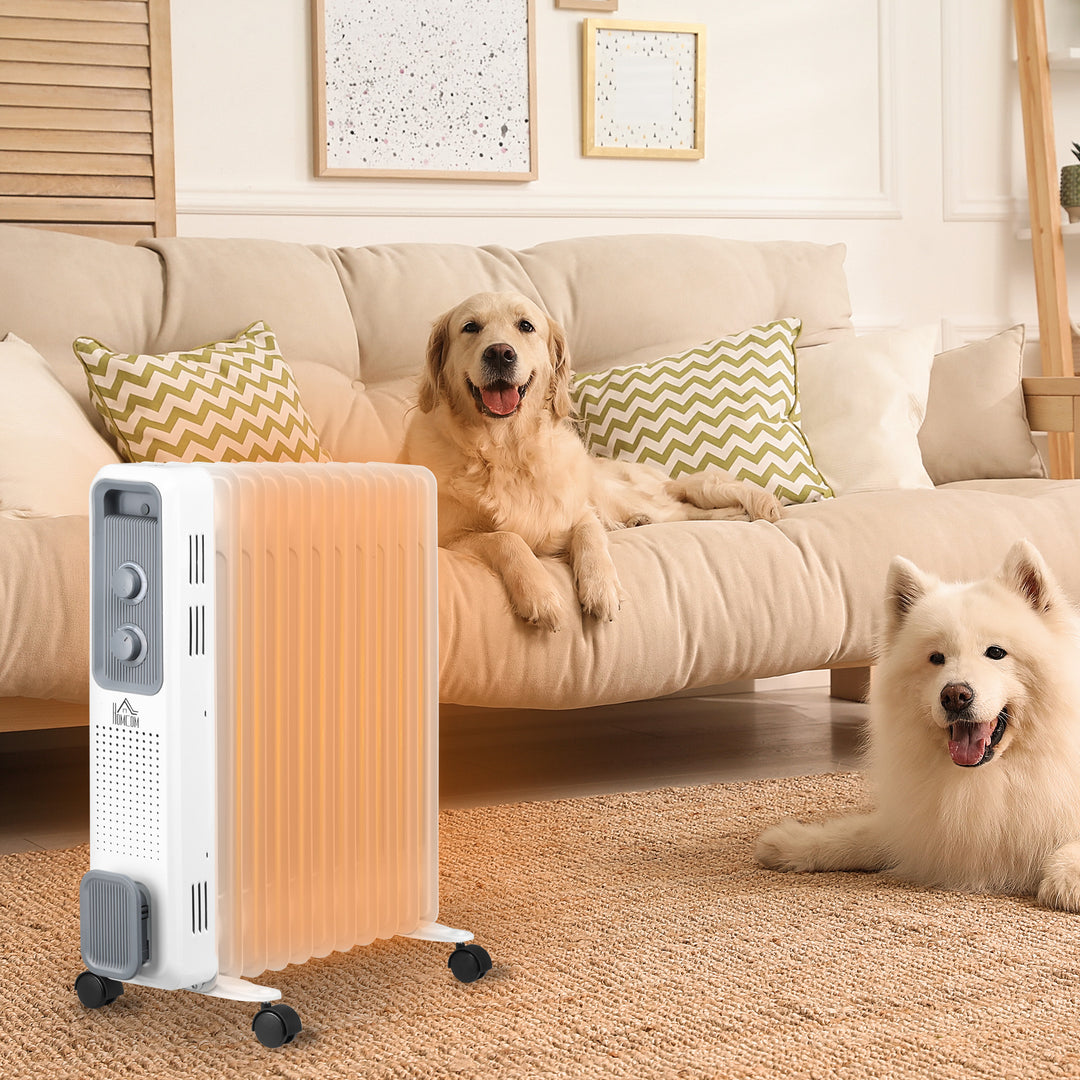 MCL 2500W Oil Filled Radiator, 11 Fin, Portable Electric Heater with 3 Heat Settings, Safety Cut-Off and Wheels, White