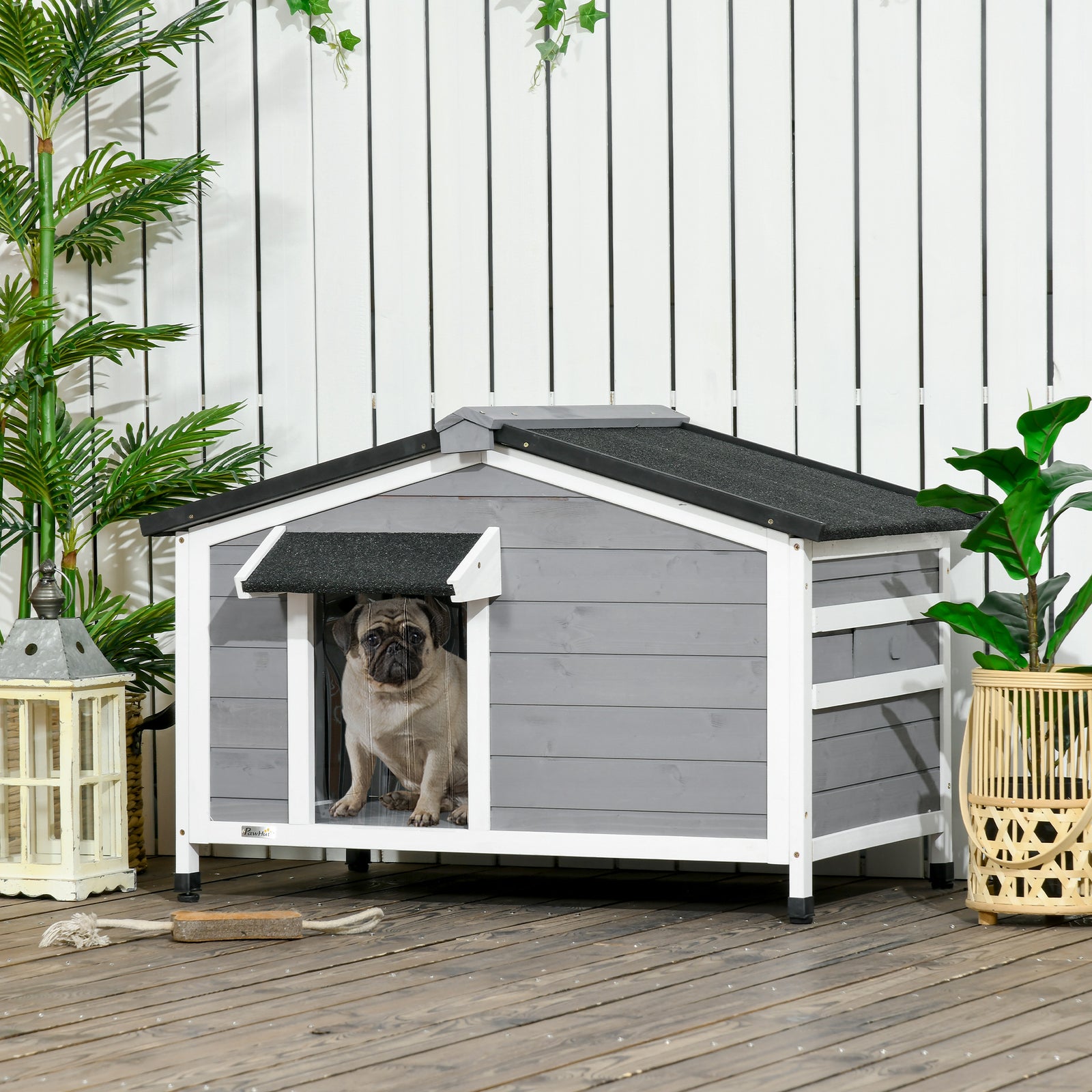 Wooden Dog Kennel for Outside, for Medium Dogs, 65H x 97L x 72Wcm, Grey