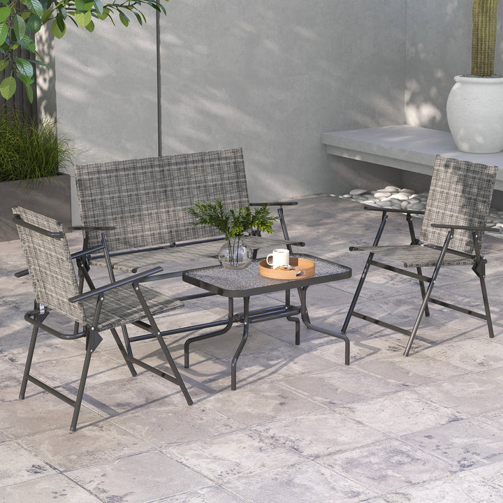 Outsunny Outdoor 4 Pieces Patio Furniture Set with Breathable Mesh Fabric Seat & Backrest, Garden Set with Two Foldable Armchairs, a Loveseat & Glass Top Table, Mixed Grey