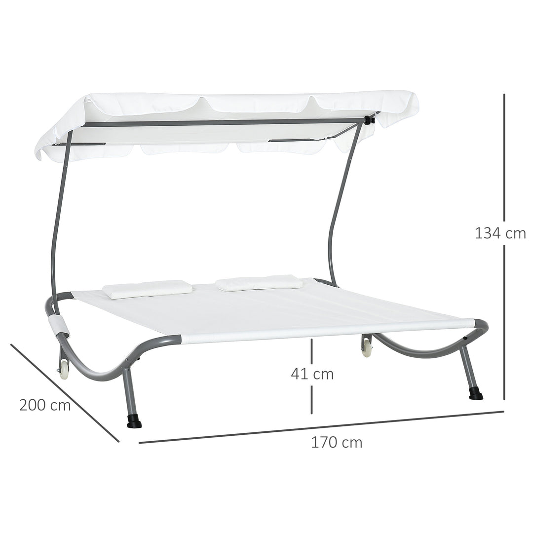 Double Sun Lounger with Adjustable Detachable Canopy, Portable Garden Daybed for 2 with Wheels, Outdoor Sunbed Hammock with 2 Pillows, 220 KG Max. Load, White