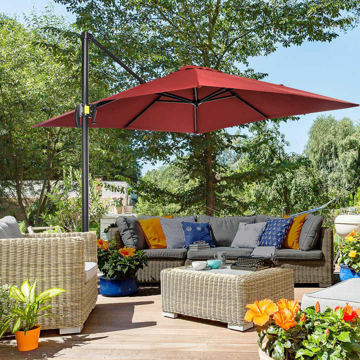 2.5 x 2.5m Patio Offset Parasol Umbrella Cantilever Hanging Aluminium Sun Shade Canopy Shelter 360° Rotation with Crank Handle and Cross Base, Wine Red