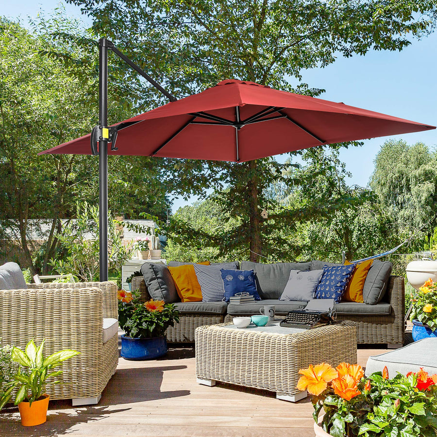 2.5 x 2.5m Patio Offset Parasol Umbrella Cantilever Hanging Aluminium Sun Shade Canopy Shelter 360° Rotation with Crank Handle and Cross Base, Wine Red
