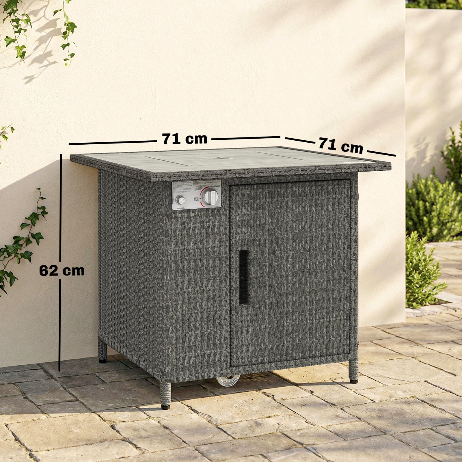14.5 KW Rattan Gas Fire Pit Dining Table with Rain Cover, Wind Guard, 
