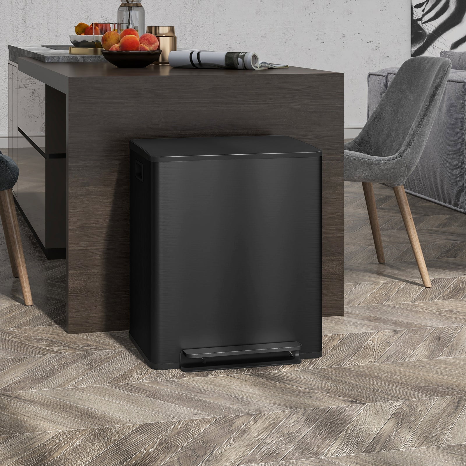 50L Dual Compartment Stainless Steel Bin, with Deodoriser Holders - Black