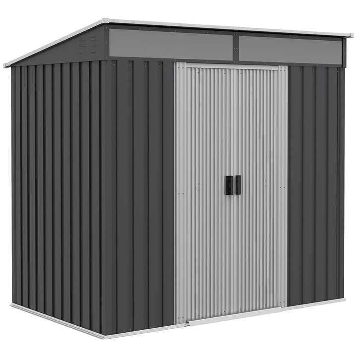 Outsunny 6.5 x 4FT Galvanised Metal Shed with Foundation, Lockable Tool Garden Shed with Double Sliding Doors and 2 Vents, Grey | Aosom UK