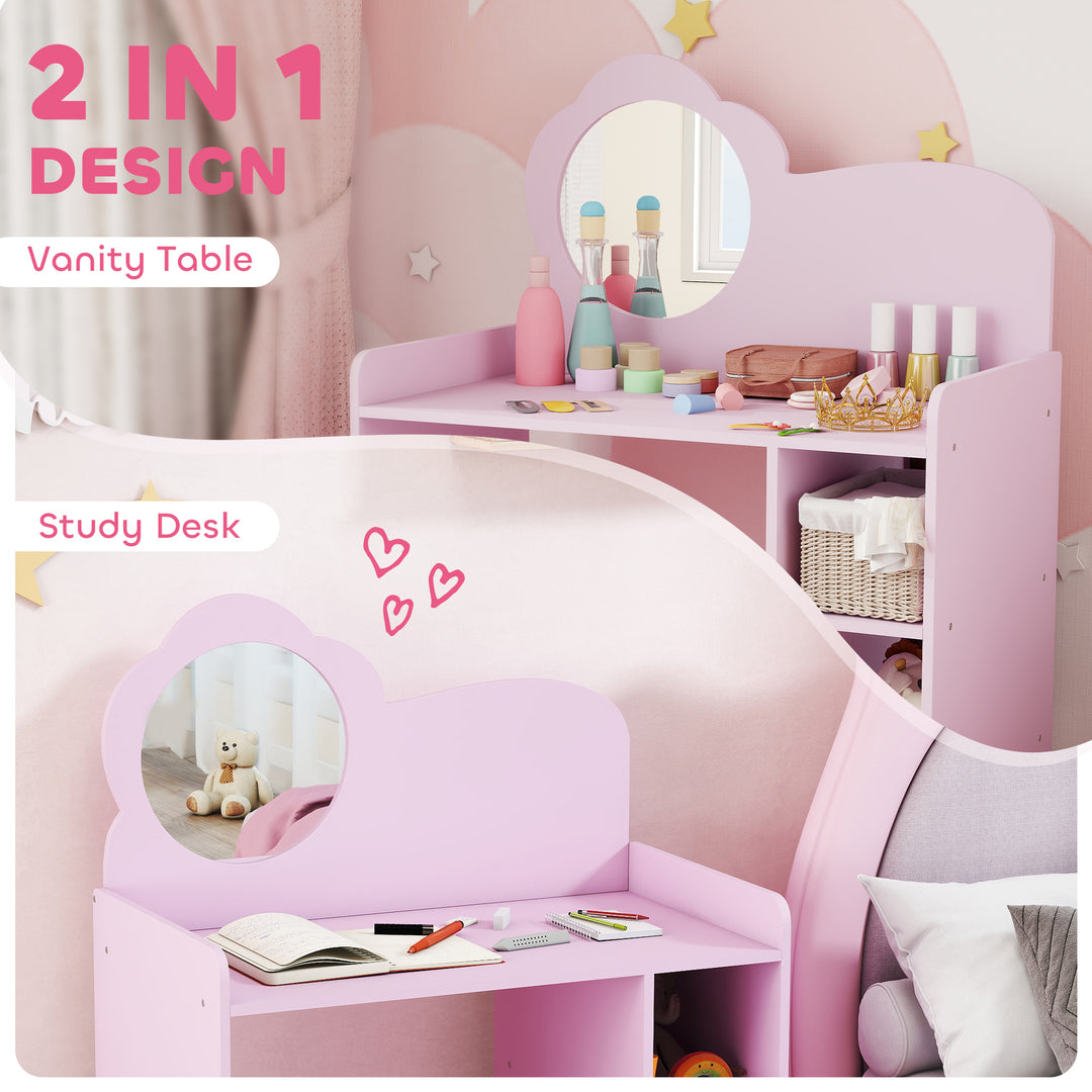 Kids Dressing Table with Mirror, Stool, Kids Vanity Table with Shelves, for Ages 3-8 Years
