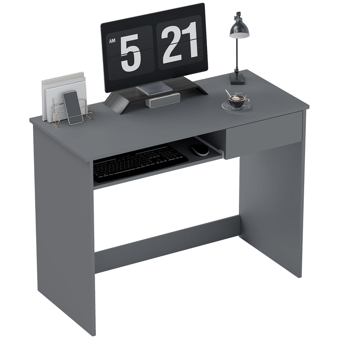 100cm Compact Computer Desk with Keyboard Tray, Home Office Desk with Drawer for Bedroom Study, Grey