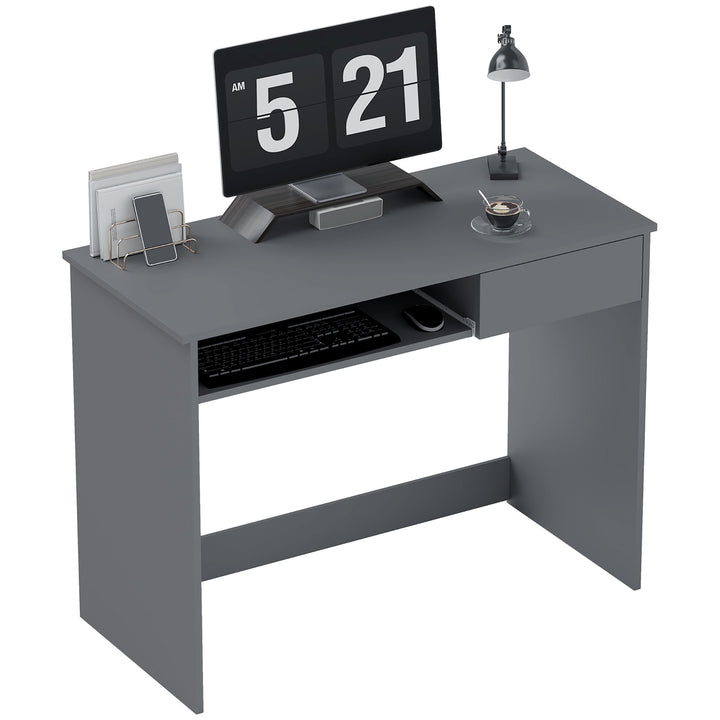 100cm Compact Computer Desk with Keyboard Tray, Home Office Desk with Drawer for Bedroom Study, Grey