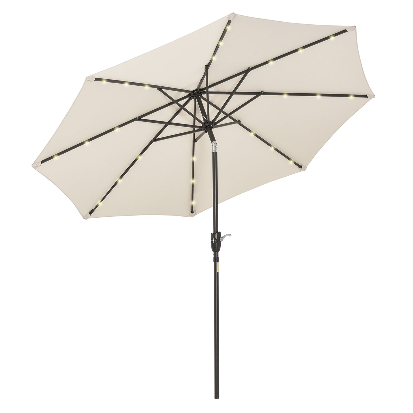 Φ2.7m Garden 24 LED Light Parasol Solar Outdoor Tilt Sun Umbrella Patio Club Party Event Manual Sun Shade w/ Hand Crank and 8 Ribs, Off-white