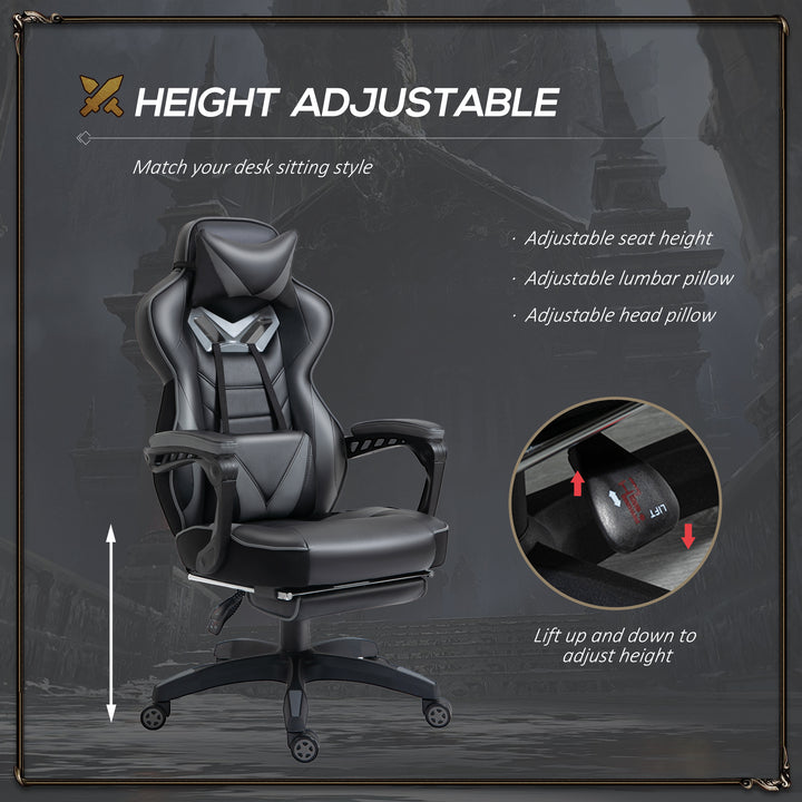 Computer Gaming Chair, Racing Desk Chair with Lumbar Support and Footrest, PU Leather Gamer Chair with Headrest and Swivel Wheels for Home, Grey