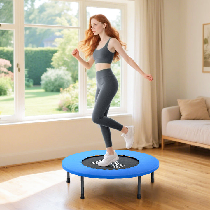 32" Mini Fitness Trampoline Home Gym Yoga Exercise Rebounder Indoor Outdoor Jumper with Safety Pad, Support Up to 100 KG, Blue and Black