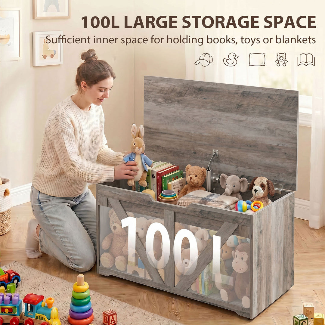 100L Home Storage Box, with Safety Hinge - Grey Wood-Effect