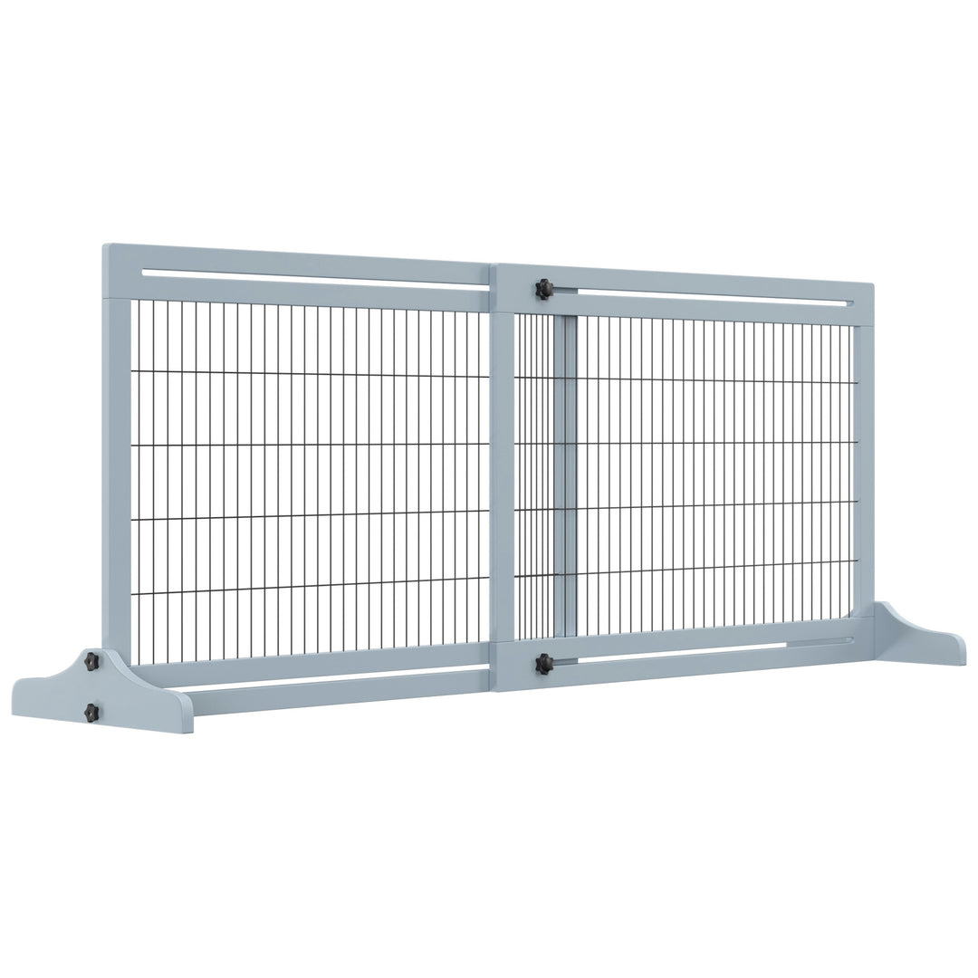MCL Freestanding Dog Gate, Foldable Pet Fence, Indoor Wood Barrier, Stair Gate with Support Feet, for Doorway, Hallway, Small and Medium Dogs, 69H x 104-183 cm, Blue-grey