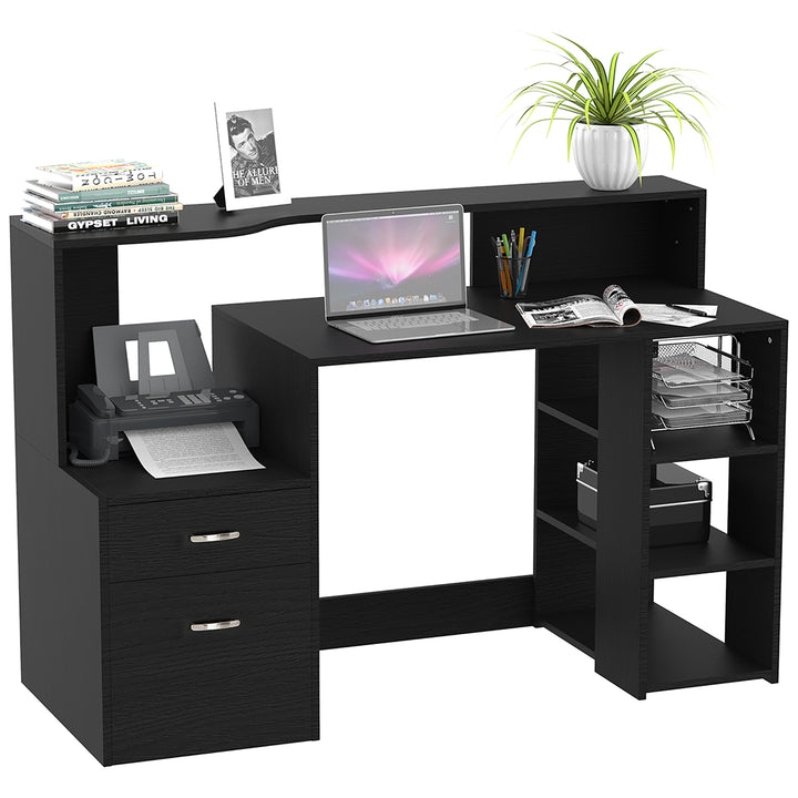 MCL Computer Desk with Drawers and Storage Shelves, Office Desk Writing Table with Printer Stand, Large Workstation for Study Play Work Home Office, 137 x 55 x 92cm, Black