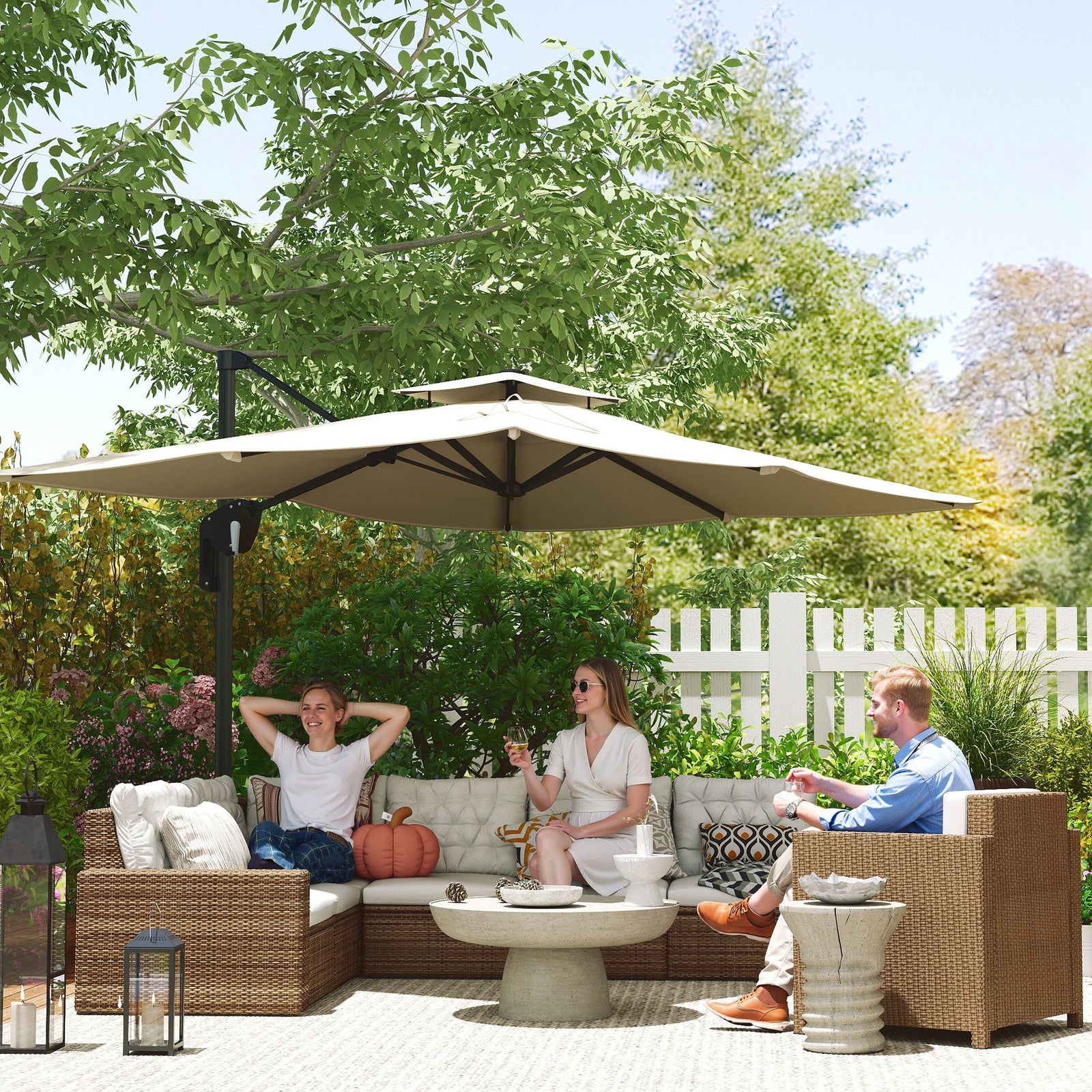 3.7 x 2.7 m Cantilever Parasol w/ 360° Rotation and Easy Tilt Adjustment, Aluminium Hanging Offset Outdoor Umbrella w/ Double Top, Cross Base, UPF50+ Hanging Sun Shade, Black Pole