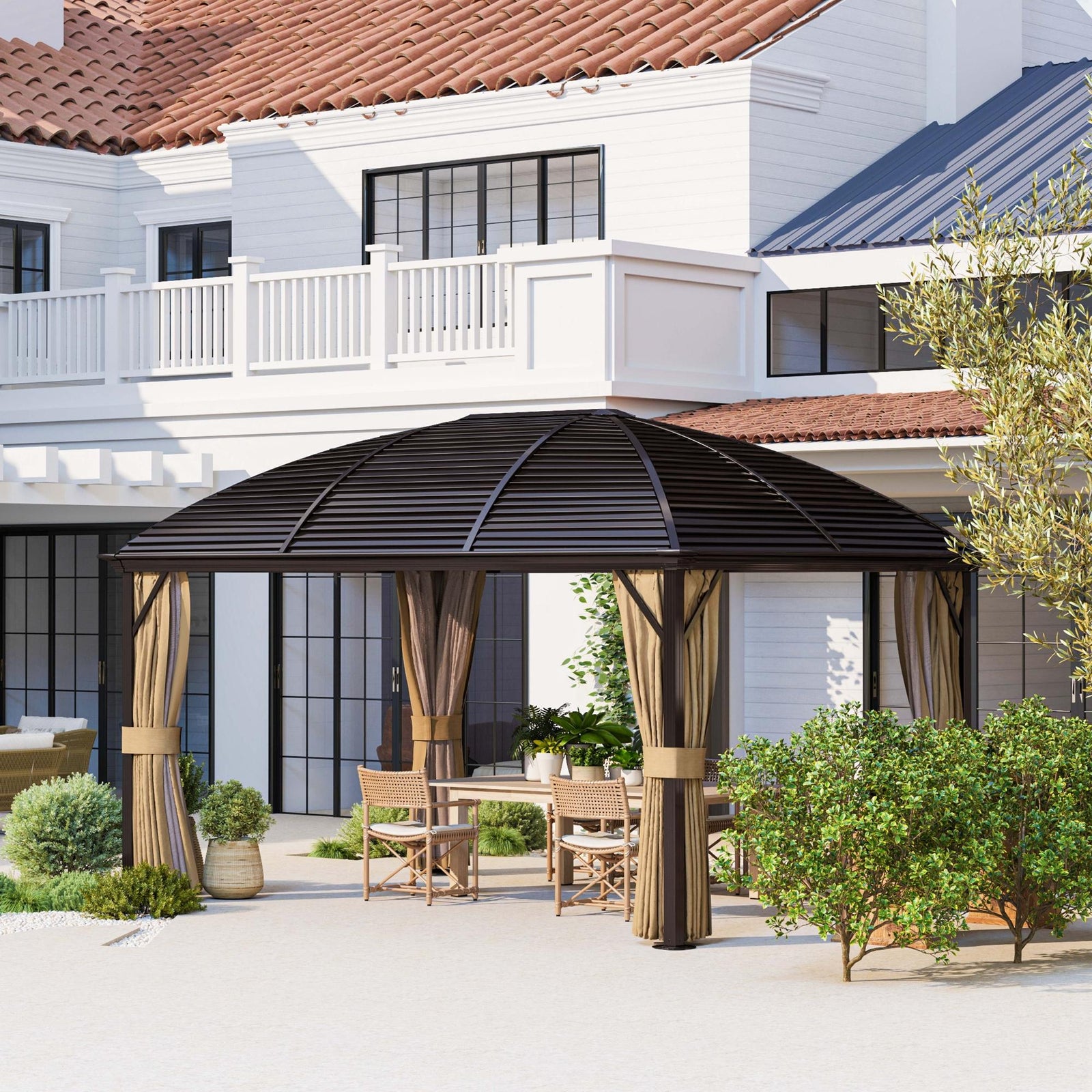 3 x 4m Hardtop Gazebo Canopy with Metal Roof, Aluminium Gazebo Permanent Pavilion with Netting and Curtains, Brown