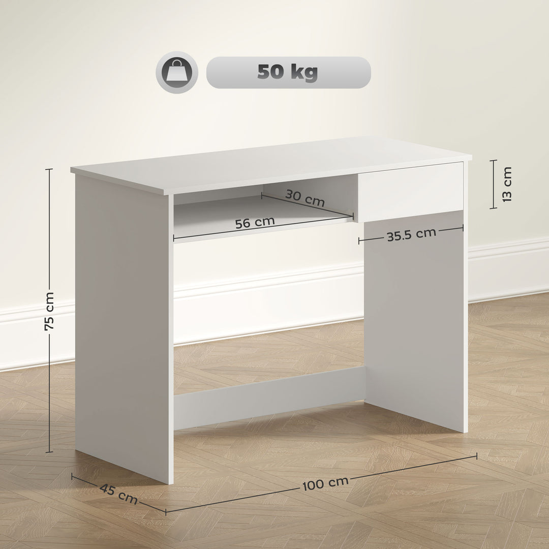 100cm Compact Computer Desk with Keyboard Tray, Home Office Desk with Drawer for Bedroom Study, White