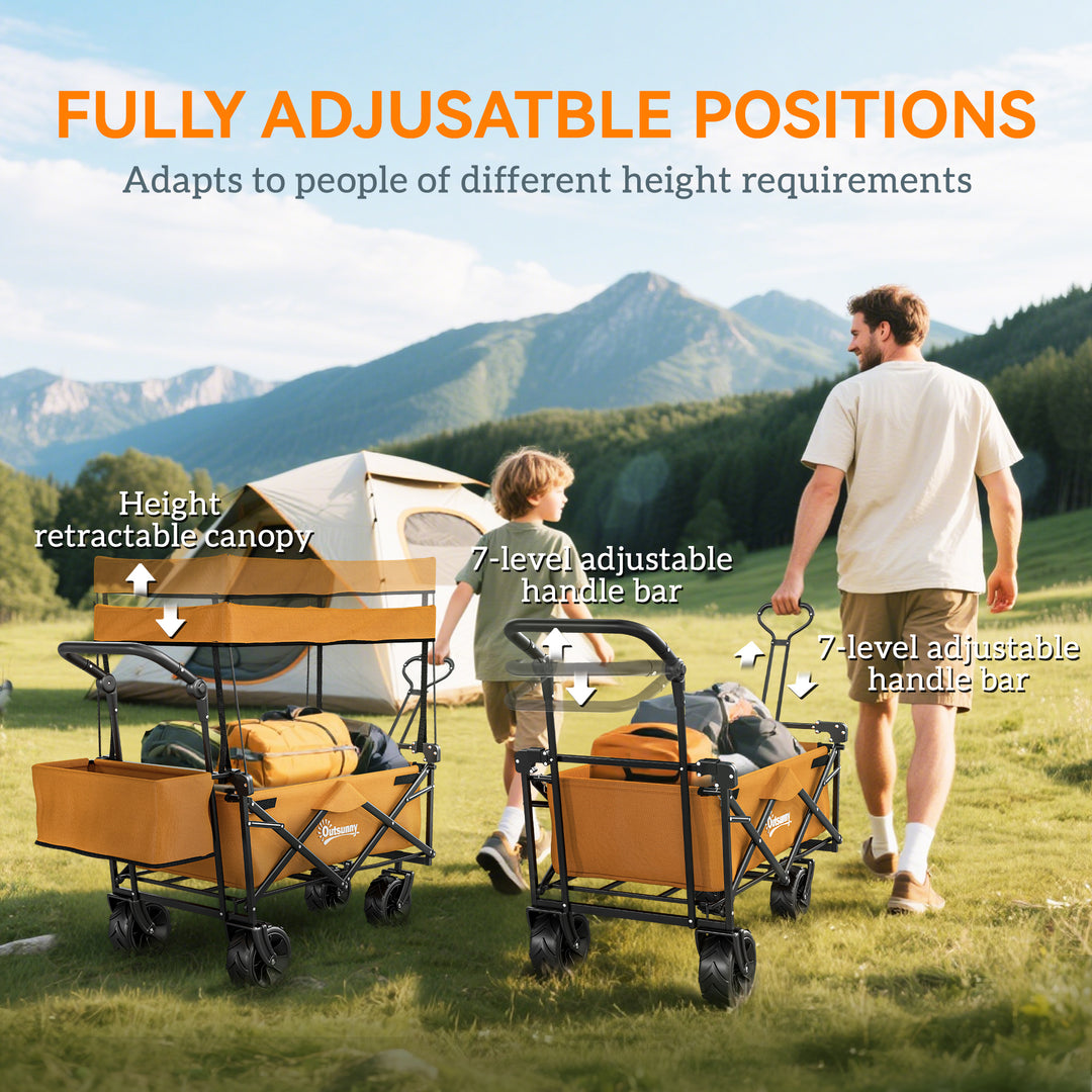 120L Festival Trolley on Wheels, Folding Camping Trolley Cart with Removable Canopy, All-Terrain Wheels, Adjustable Handle, Push or Pull for Garden Beach Fishing Shopping, Orange
