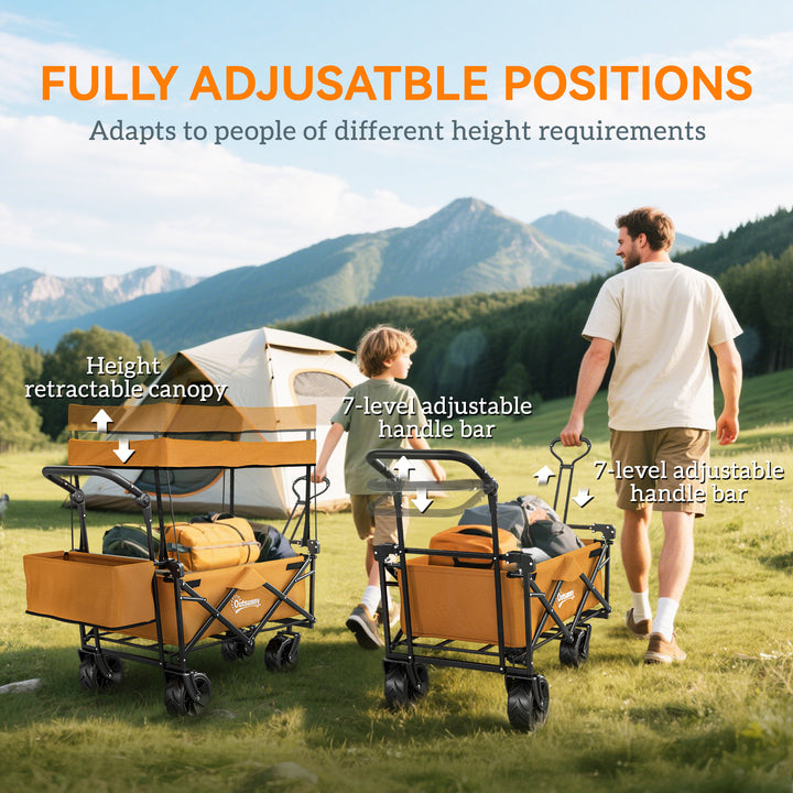 120L Festival Trolley on Wheels, Folding Camping Trolley Cart with Removable Canopy, All-Terrain Wheels, Adjustable Handle, Push or Pull for Garden Beach Fishing Shopping, Orange