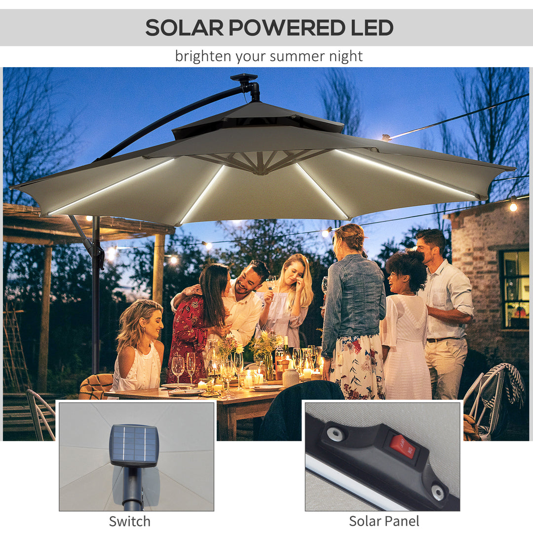 MCL 3(m) Cantilever Banana Parasol Hanging Umbrella with Double Roof, LED Solar lights, Crank, 8 Sturdy Ribs and Cross Base for Outdoor, Garden, Patio, Light Grey