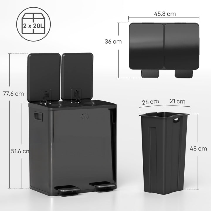 40L Dual Compartment Stainless Steel Bin, with Deodoriser Holders - Glossy Black