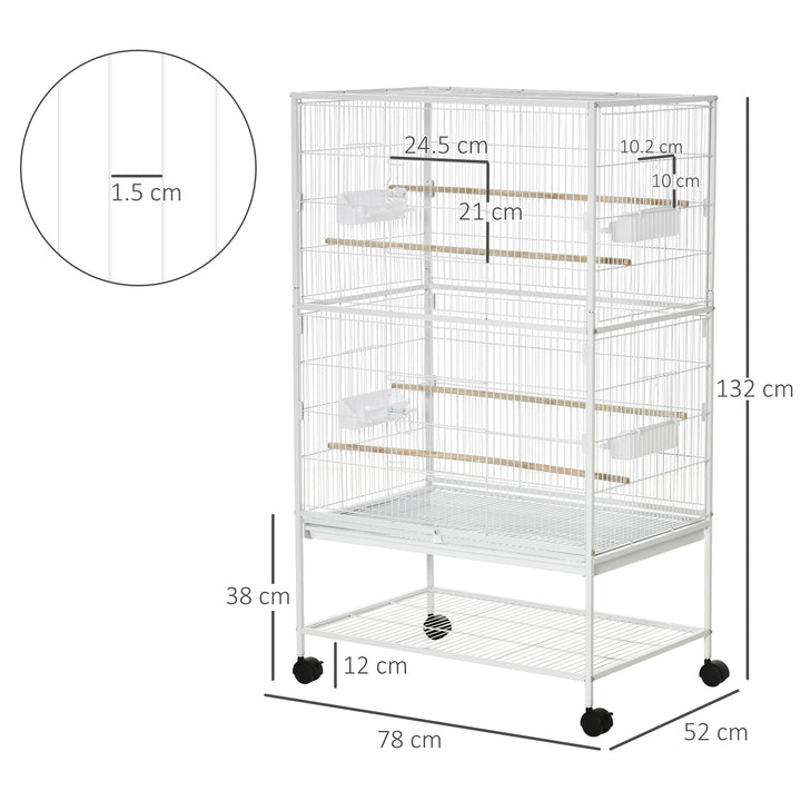 PawHut Large Aviary Bird Cage for Canaries, Budgies with Rolling Stand, Slide-out Cleaning Tray, Perch, Food Containers, White | Aosom UK