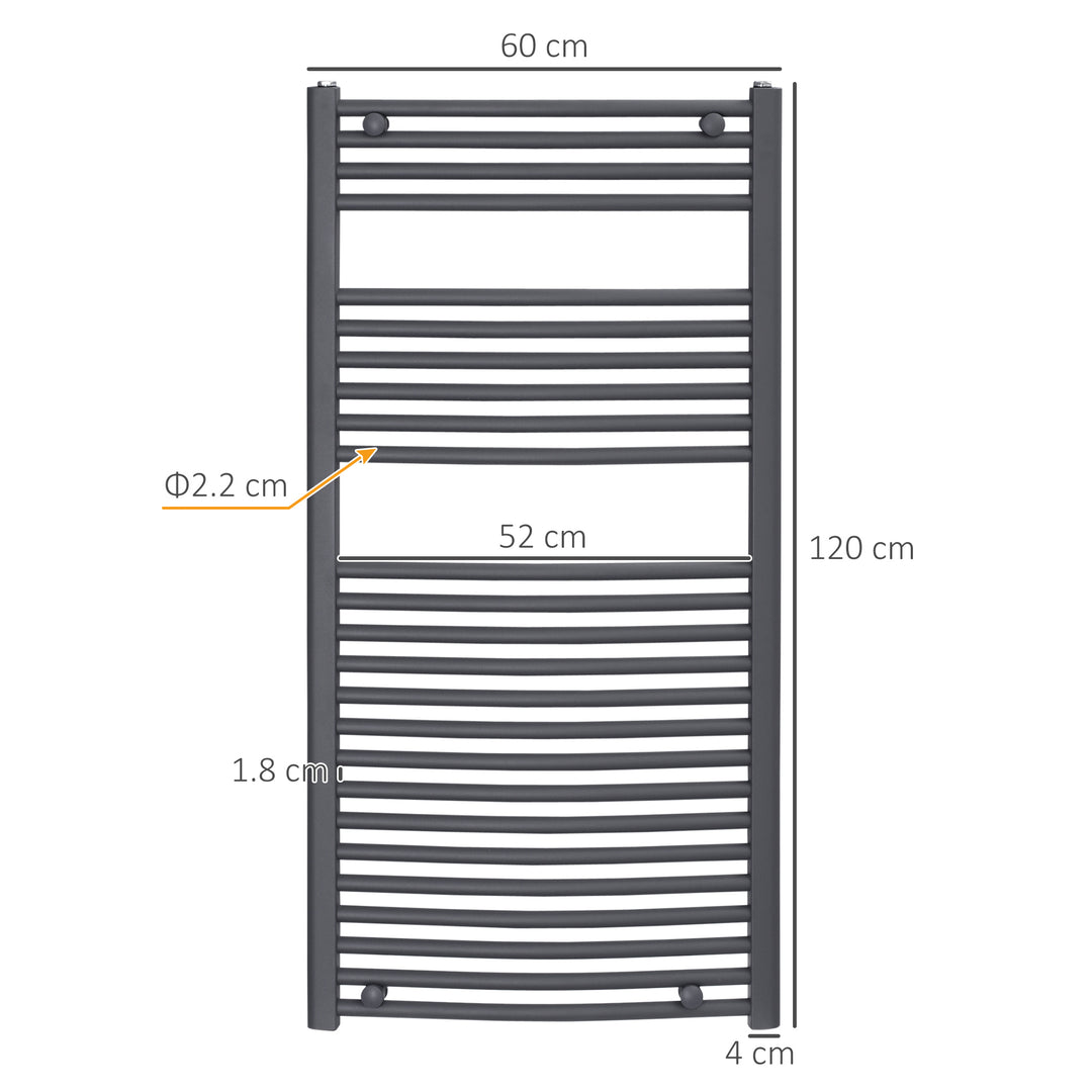 Curved Heated Towel Rail, Hydronic Bathroom Ladder Radiator Towel Warmer For Central Heating 600mm x 1200mm, Grey