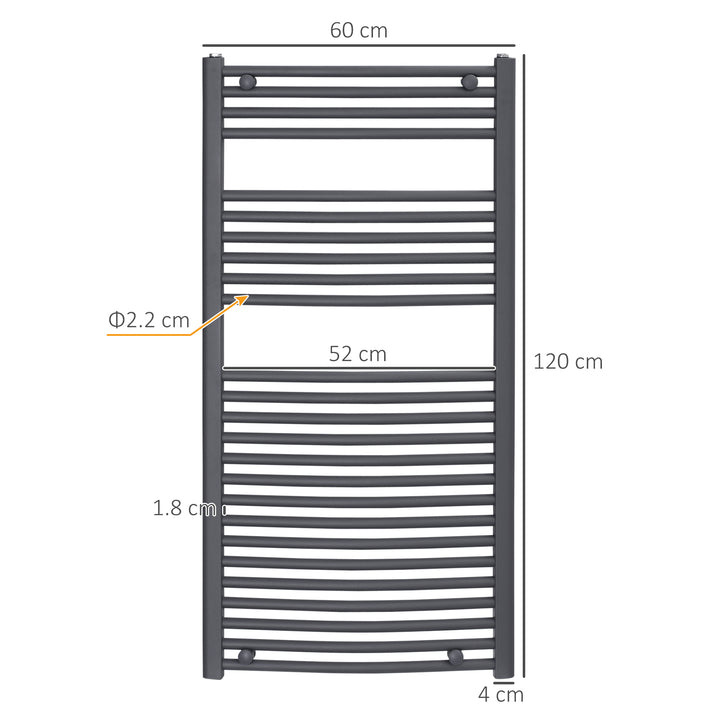 Curved Heated Towel Rail, Hydronic Bathroom Ladder Radiator Towel Warmer For Central Heating 600mm x 1200mm, Grey