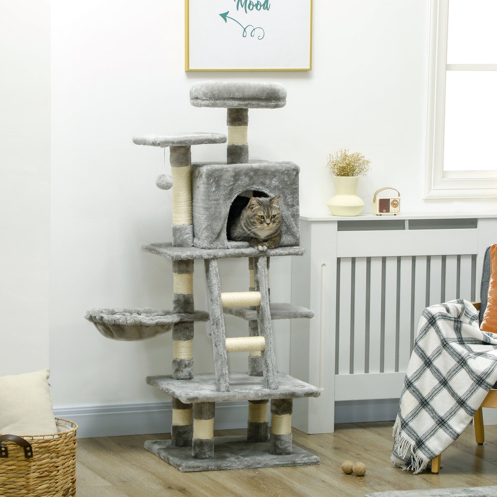 132cm Cat Tree with Scratching Post, House, Hammock, Toy Balls - Grey