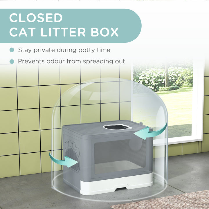 Enclosed Cat Litter Box with lid, Front Entry, Top Exit, Drawer, Tray, Scoop, Brush, 48.5 x 38 x 36.5cm - Grey