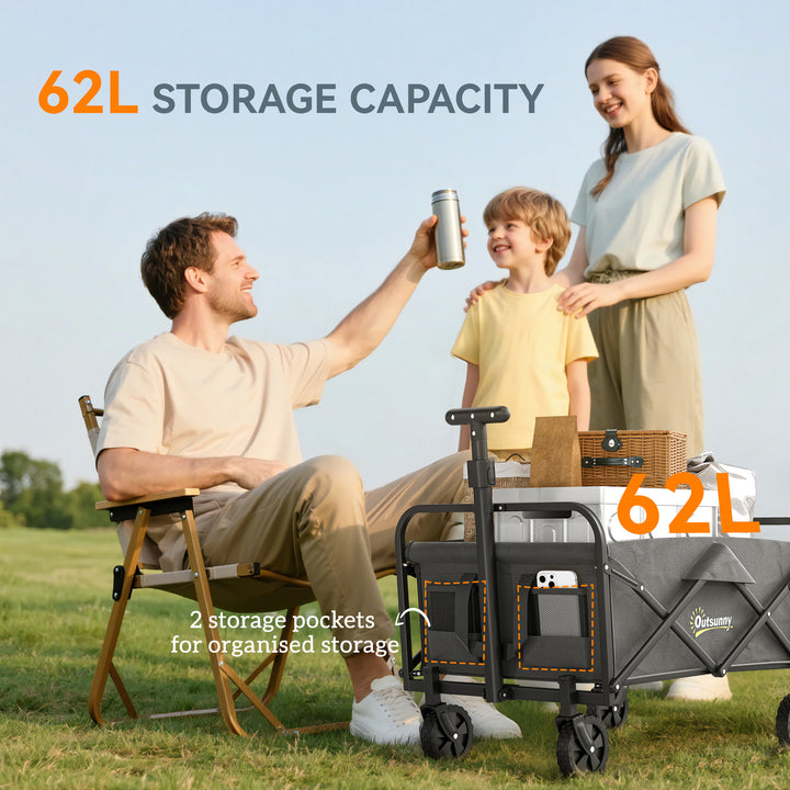 62L Festival Trolley on Wheels, Garden Folding Trolley Cart, 120kg Heavy Duty Collapsible Folding Wagon with Adjustable Handle and Carrying Bag for Beach, Camping, Festival, Grey