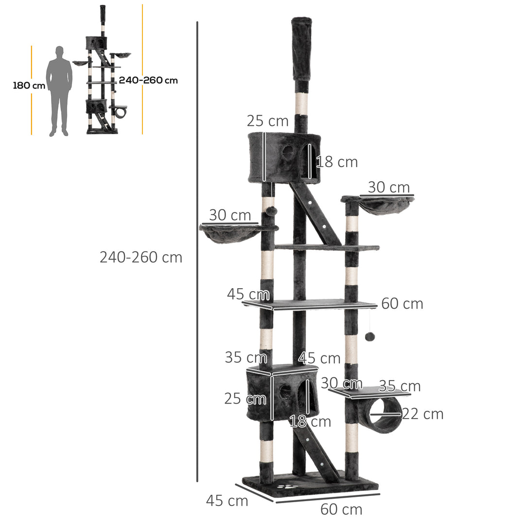 Floor-to-Ceiling Cat Tree for Indoor Cats, 240-260cm Adjustable Cat Tree - Dark Grey