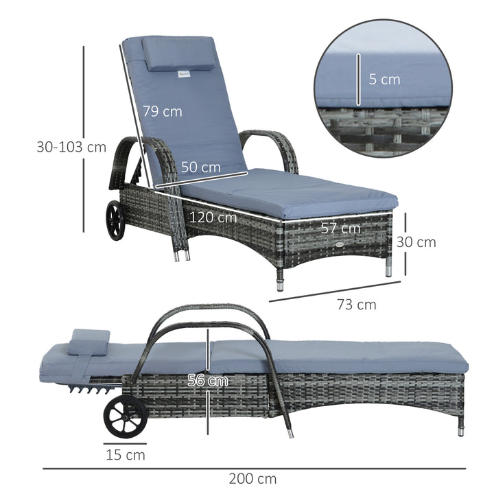 Garden Rattan Furniture Single Sun Lounger Recliner Bed Reclining Chair Patio Outdoor Wicker Weave Adjustable Headrest with Fire Retardant Cushion - Grey