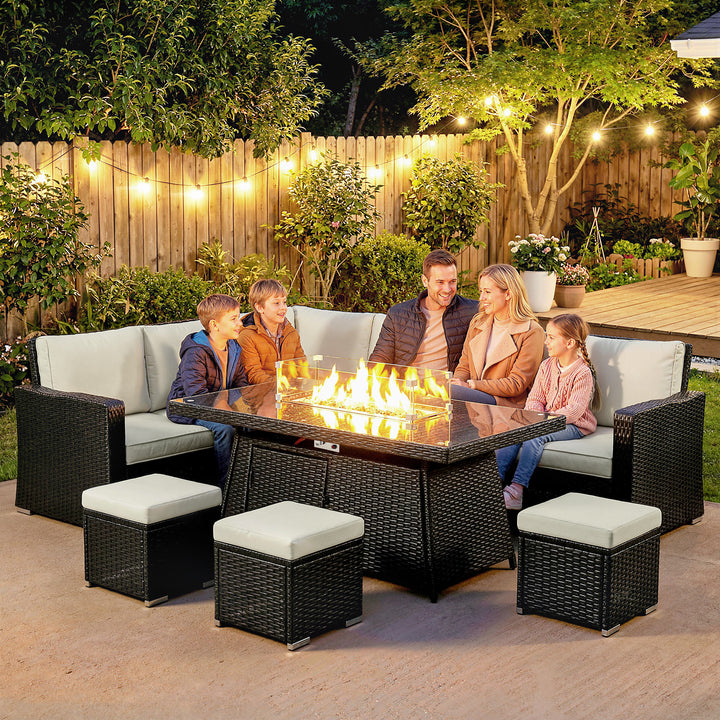 7 Pieces PE Rattan Garden Furniture Set, 50,000 BTU Gas Fire Pit Table