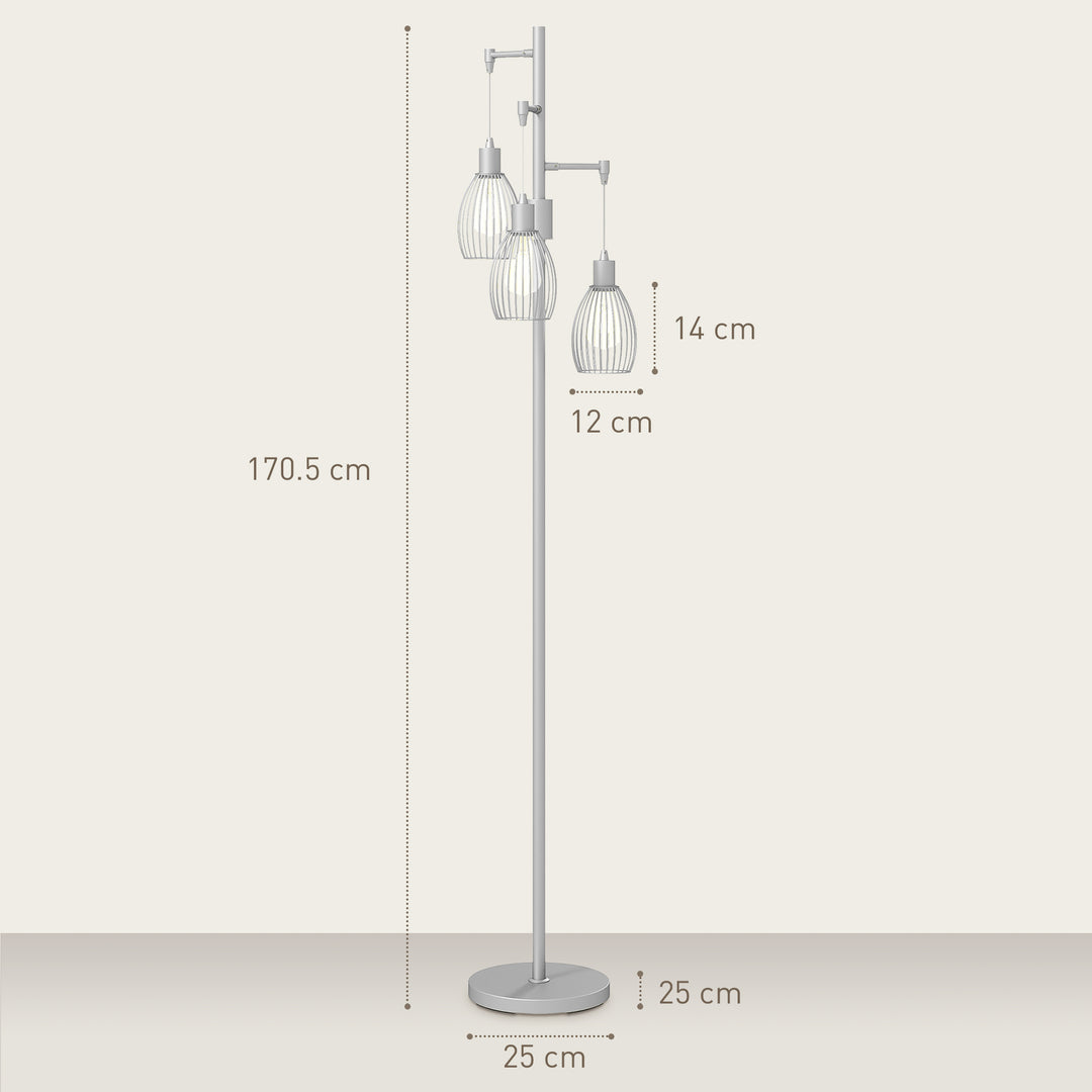 3-Light Floor Lamp, 170cm Industrial Dimmable Standing Lamp with Steel Wire Cage Lampshades for Living Room, Bedroom, Dining Room, Study, Silver Tone