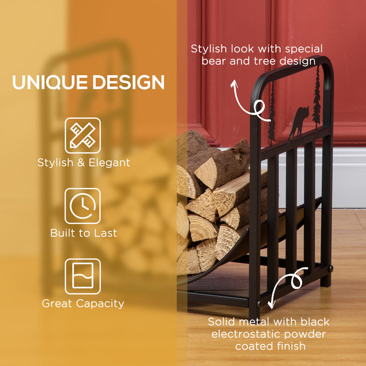 Metal Firewood Log Holder Indoor Outdoor Firewood Rack Inner Arced Fireplace Wood Storage Shelf w/ Bear Shape Design, Rust-Resistant, Black, 42W x 33.5D x 43H cm