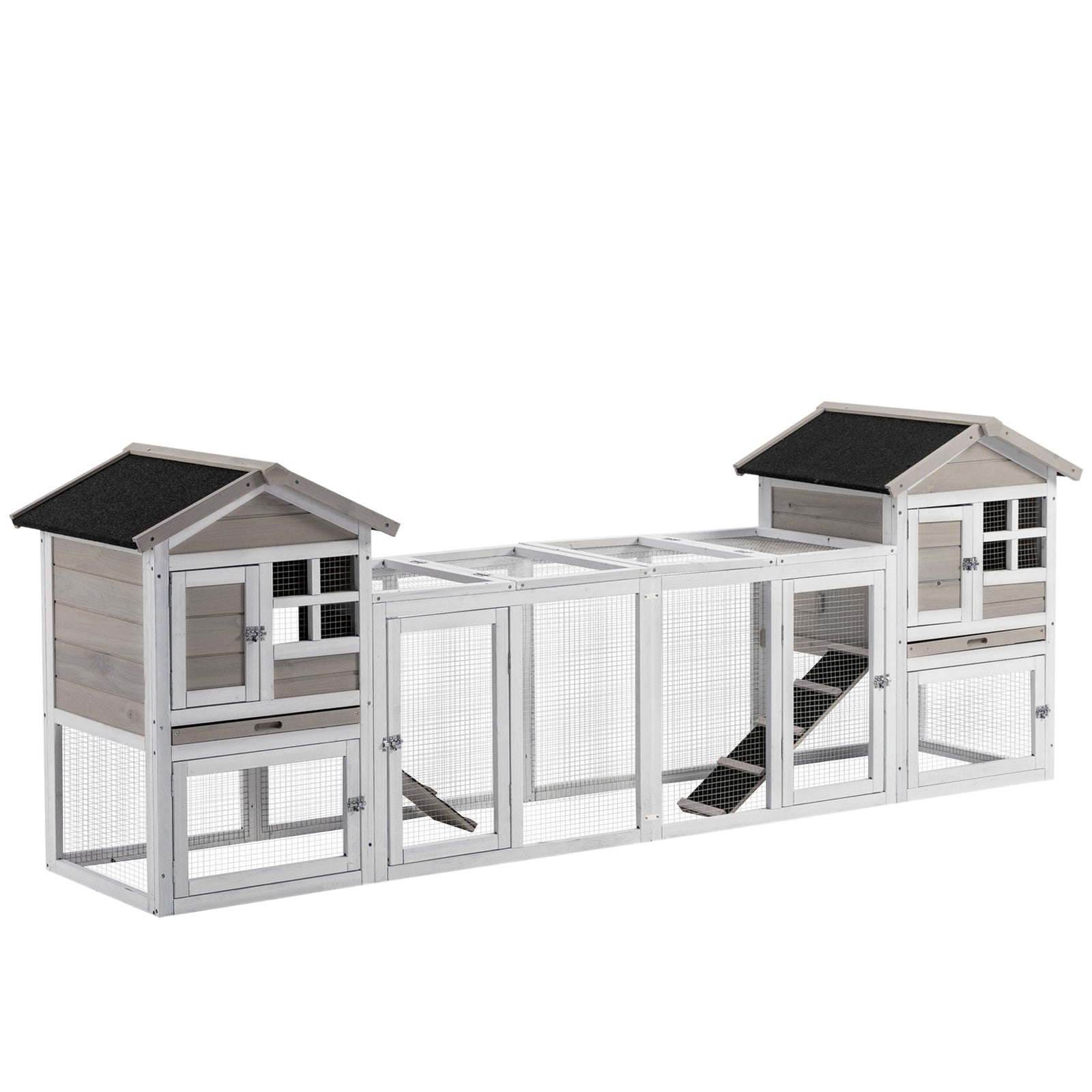 2 in 1 Rabbit Hutch Outdoor Guinea Pig Hutch Bunny Run Double Main House with Run, No-Leak Tray 259 x 64 x 92cm, Grey