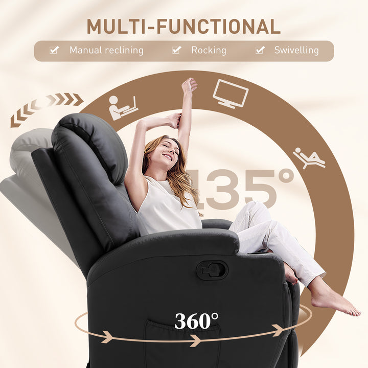 Recliner Chair, Recliner Massage Rocker Chair with 360° Rotate, 165° Reclining Function, Adjustable Footrest, Swivel Armchair Single Sofa for Living Room with Drink Holders, Side Pockets, Black