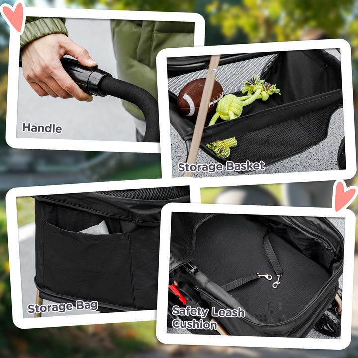 PawH 3-in-1 Pet Stroller, Folding 4 Wheel Dog Pram with Detachable Carrier for Mini Dogs, Cats, Black