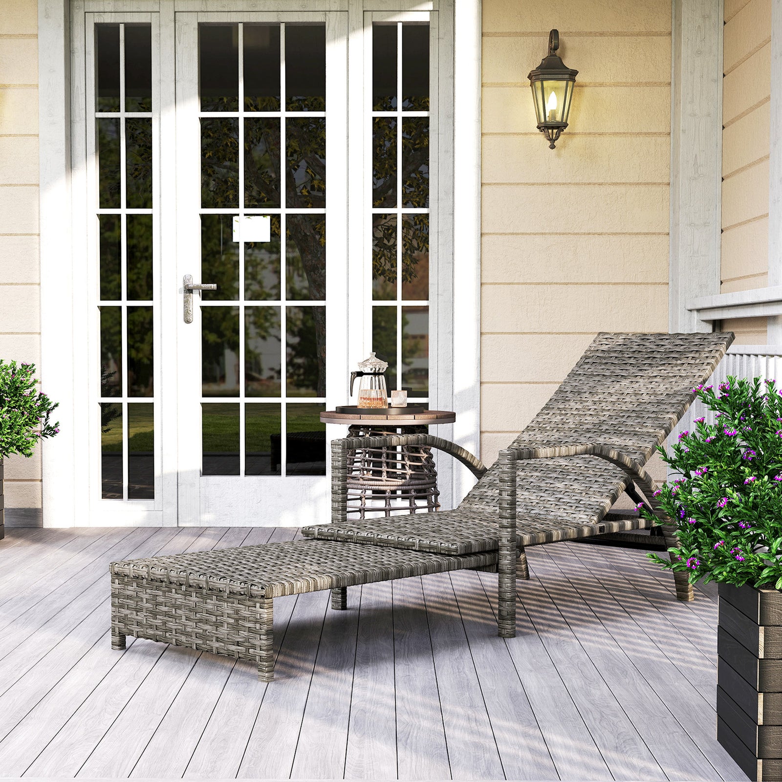 Reclining Rattan Lounger, with Extending Footrest - Grey